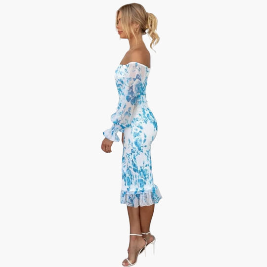 Women's Floral Midi Dress with Off-the-Shoulder Neckline and Sheer Sleeves