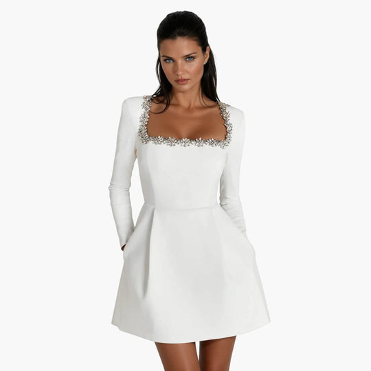 Women's Mini Dress with Square Neckline and Long Sleeves