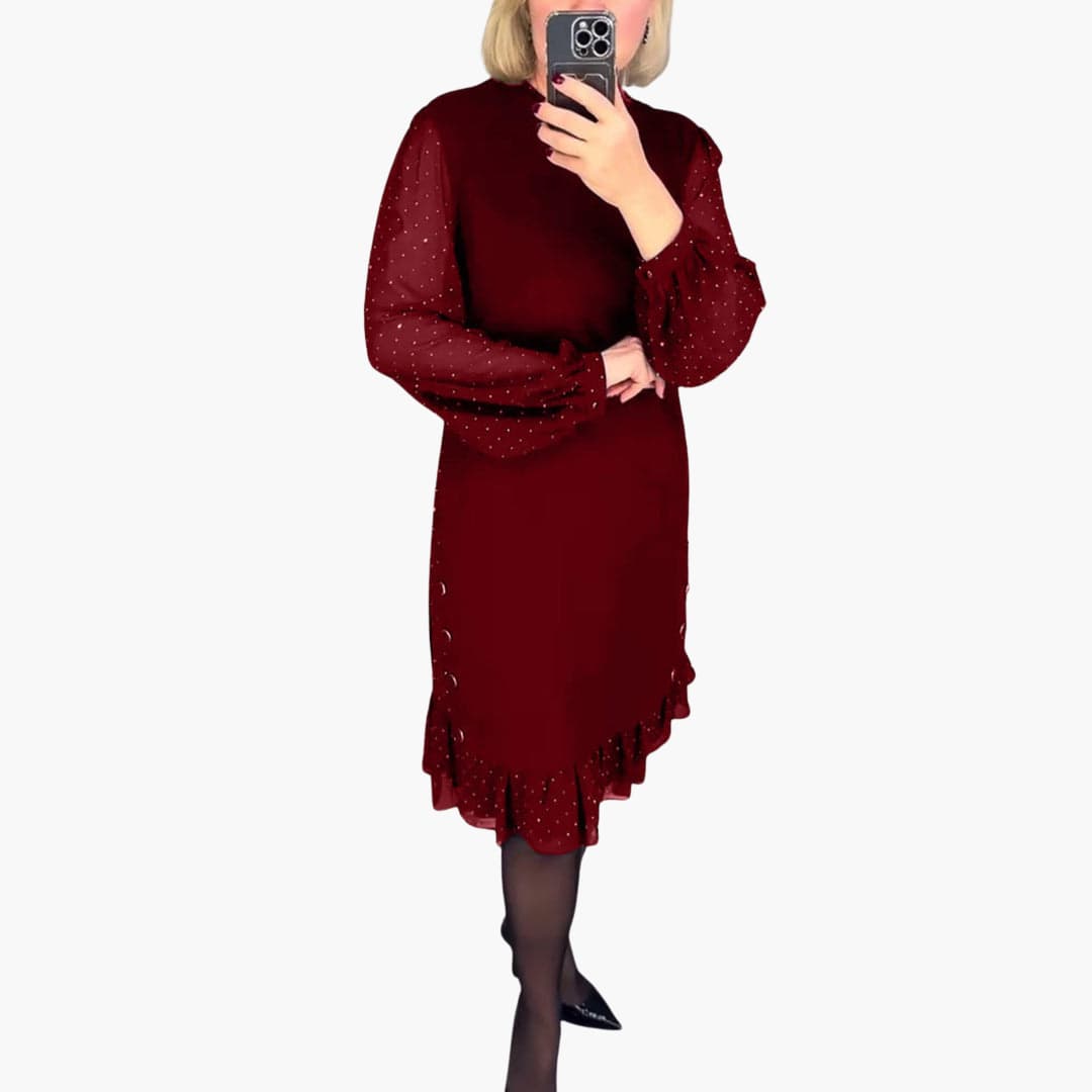 Women's Knee-Length Dress with Sheer Sleeves and Ruffle Hem