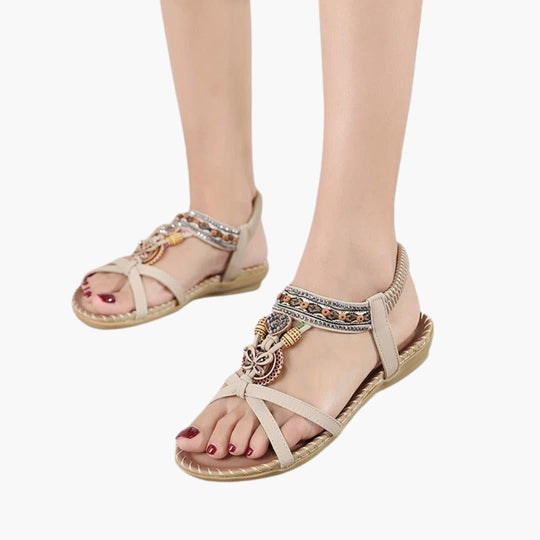 Beaded Boho Flat Sandals for Women – Elastic Strap Comfort - Made by Jessica
