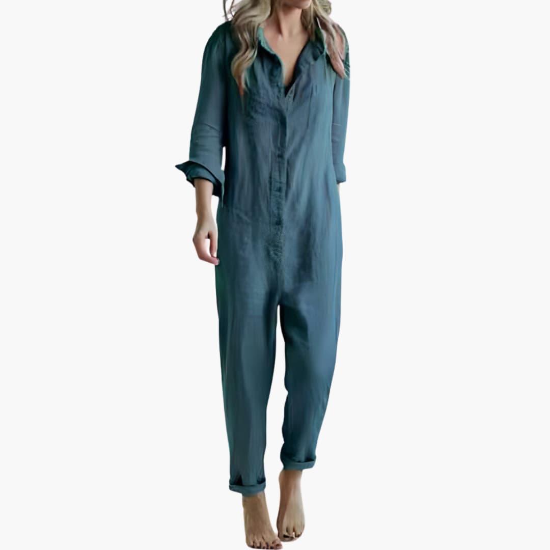 Women's Long Sleeve Jumpsuit with Button-Down Front and Chest Pockets