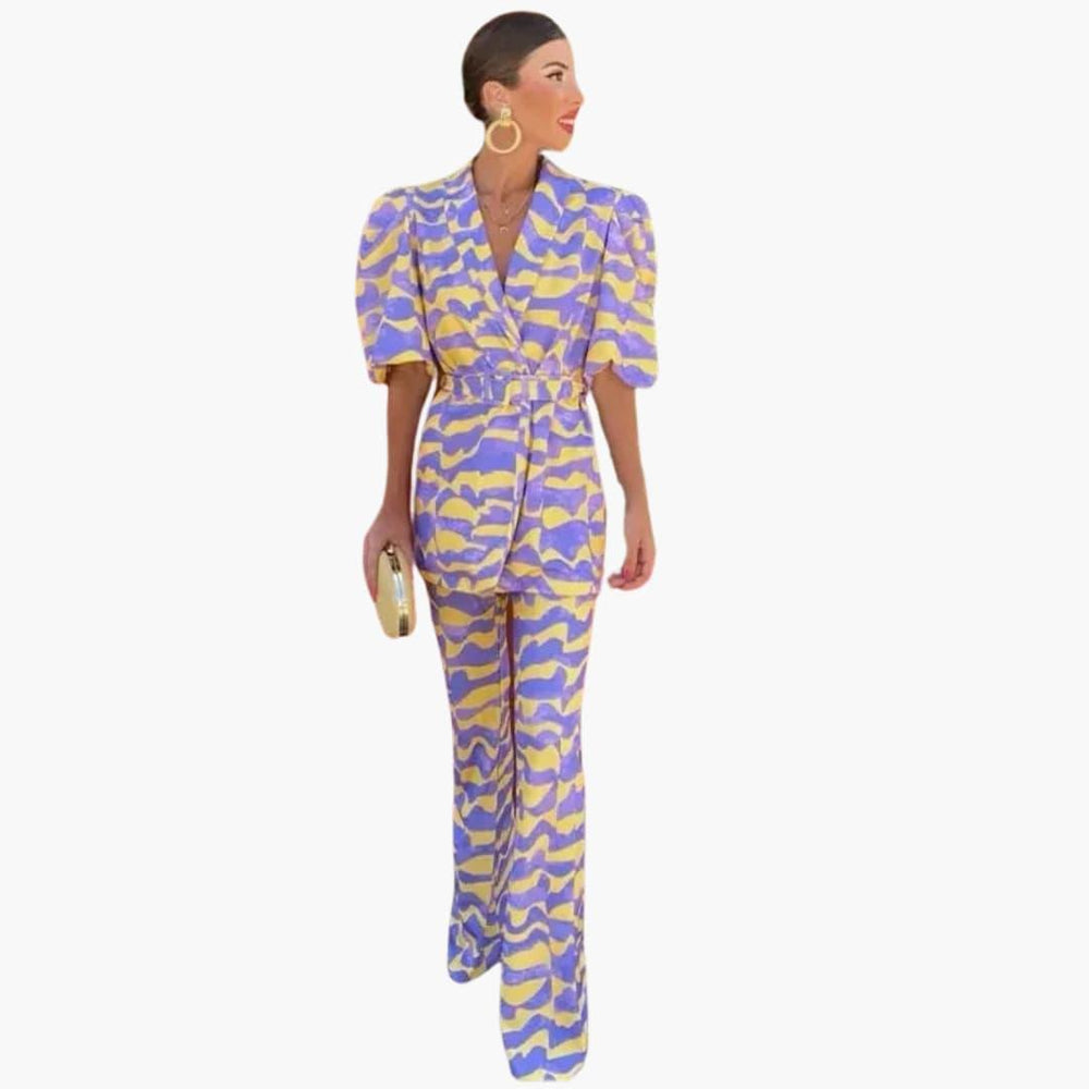 Women's Two-Piece Set with Blazer-Style Top and Printed Trousers