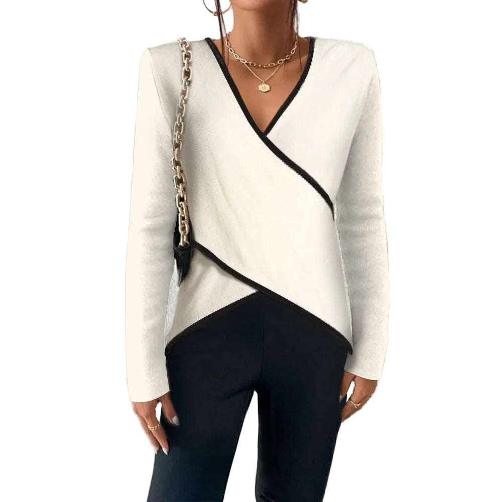 Women's Wrap Knit Top with V-Neck and Contrasting Trim