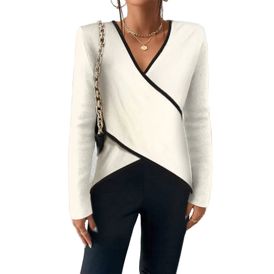 Women's Wrap Knit Top with V-Neck and Contrasting Trim