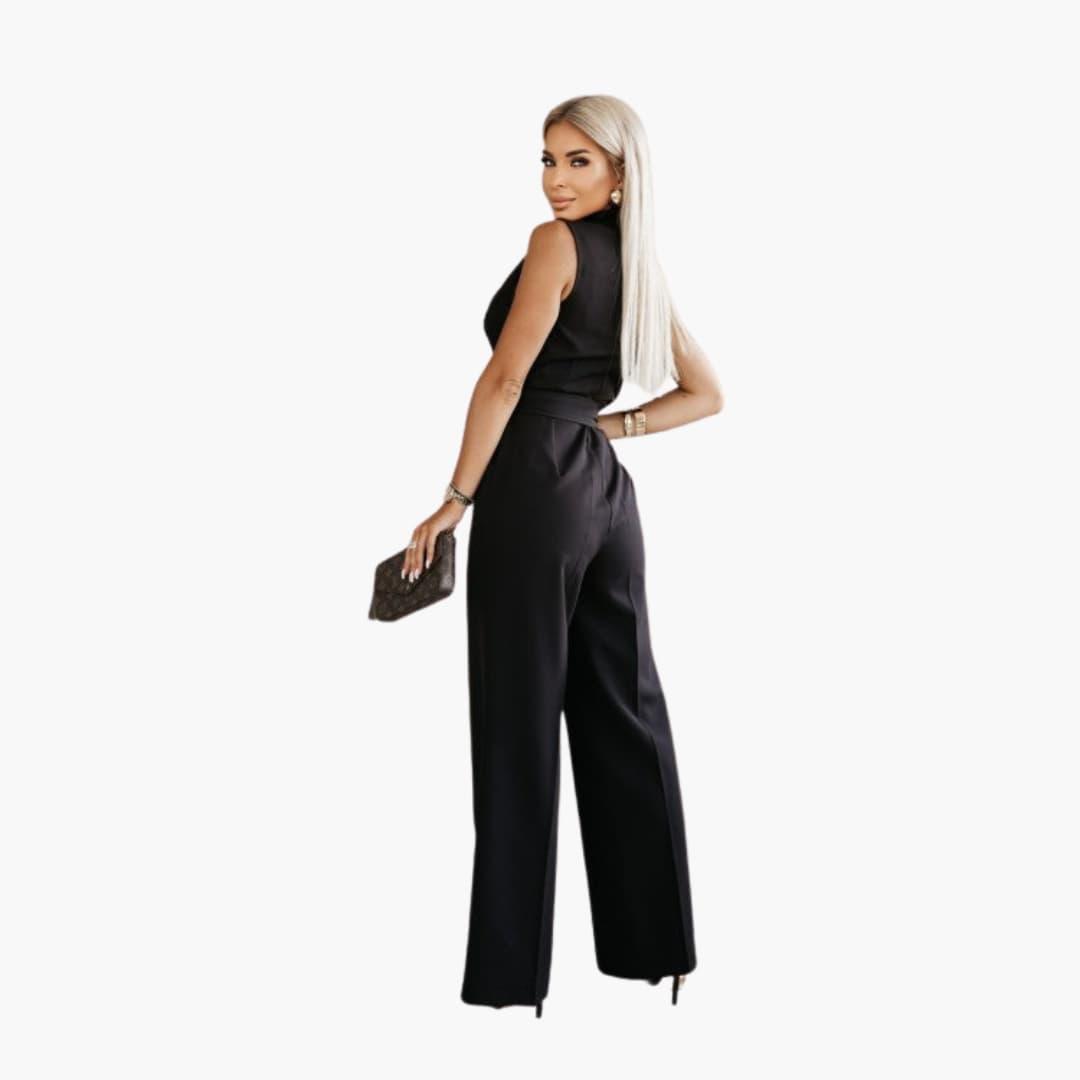 Women's Tailored Jumpsuit with V-Neckline and Wrap-Around Waist Tie