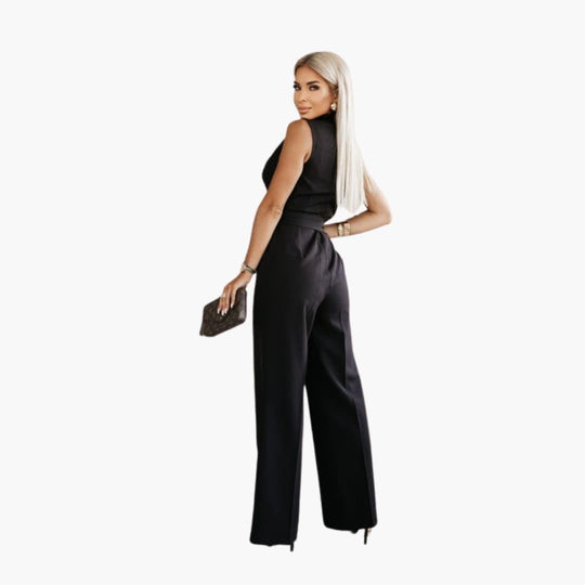 Women's Tailored Jumpsuit with V-Neckline and Wrap-Around Waist Tie