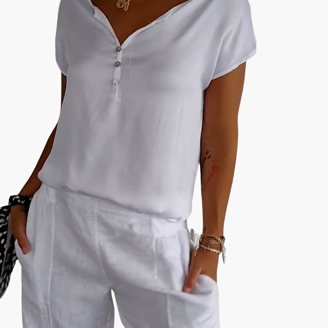 Women’s Short-Sleeve Top with V-Neck and Buttons