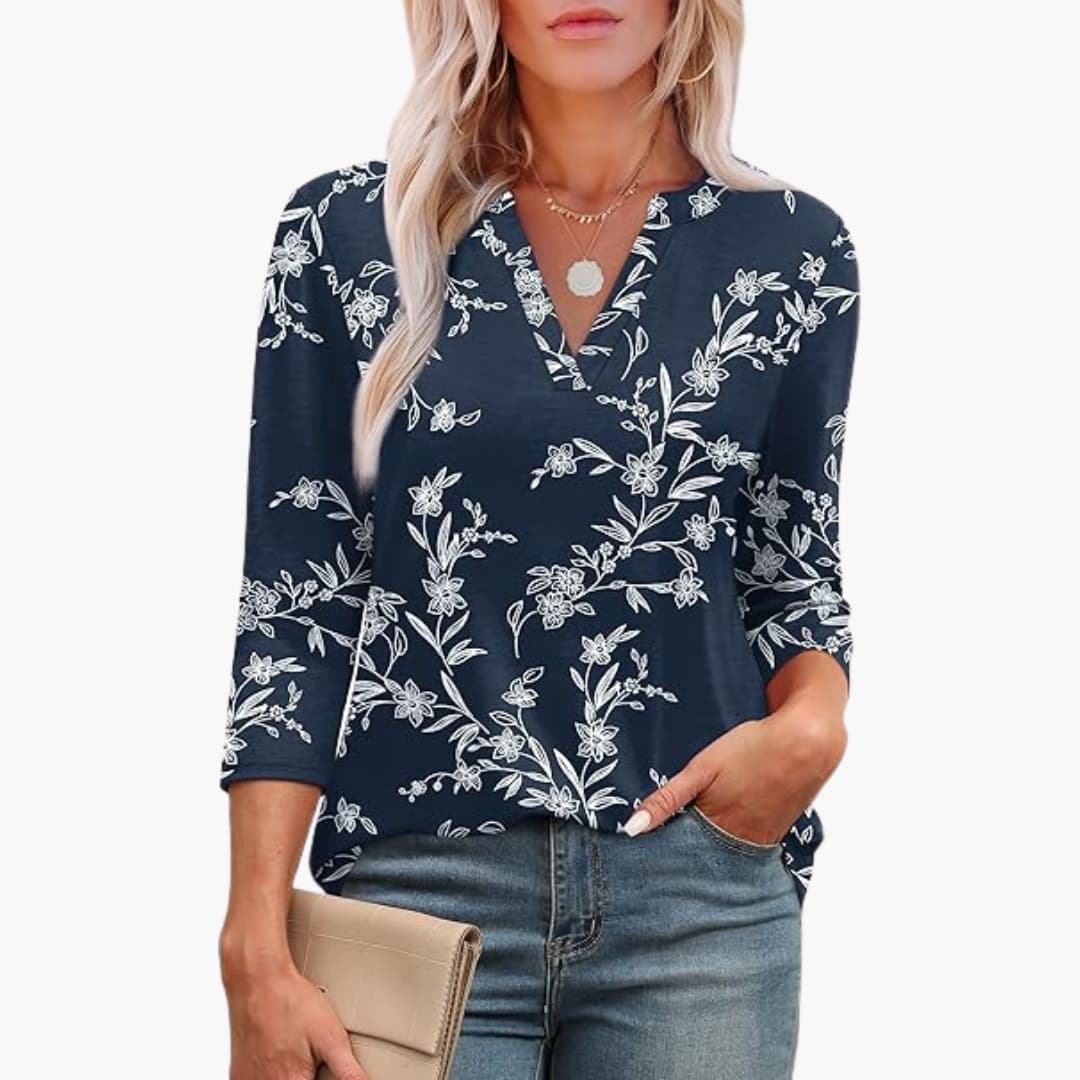 Women's Tunic Top with 3/4-Length Sleeves and Pleated Front