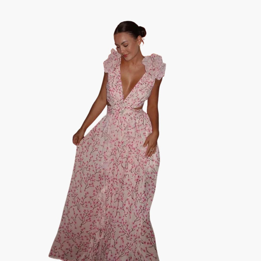 Women Maxi Dress with V-Neck and Open-Back Design