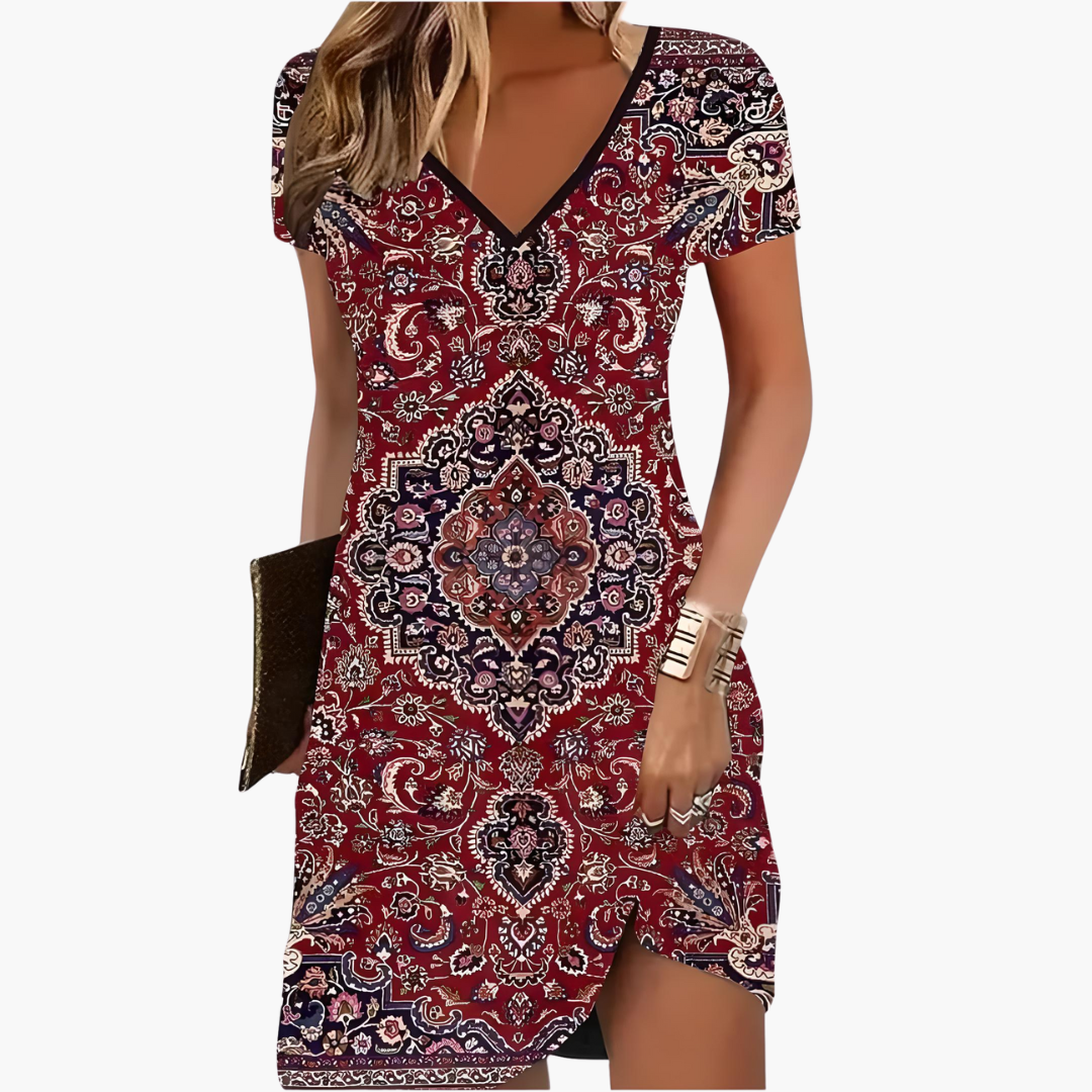 Women’s Short Dress with V Neckline and Asymmetric Hem