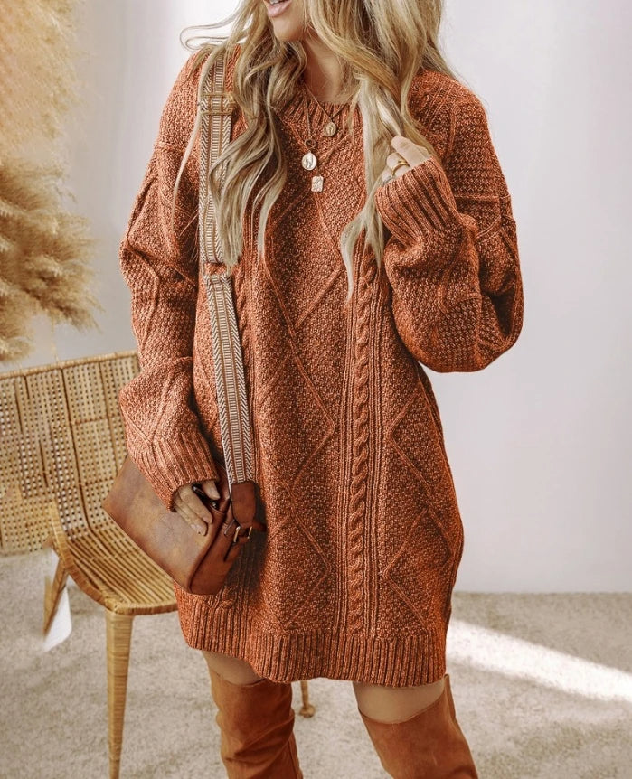 Women's Cable Knit Oversized Jumper Dress with Ribbed Cuffs