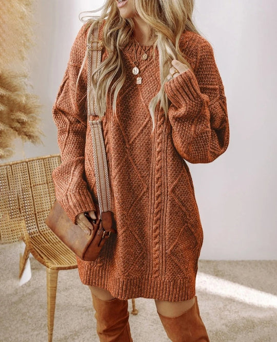 Women's Cable Knit Oversized Jumper Dress with Ribbed Cuffs