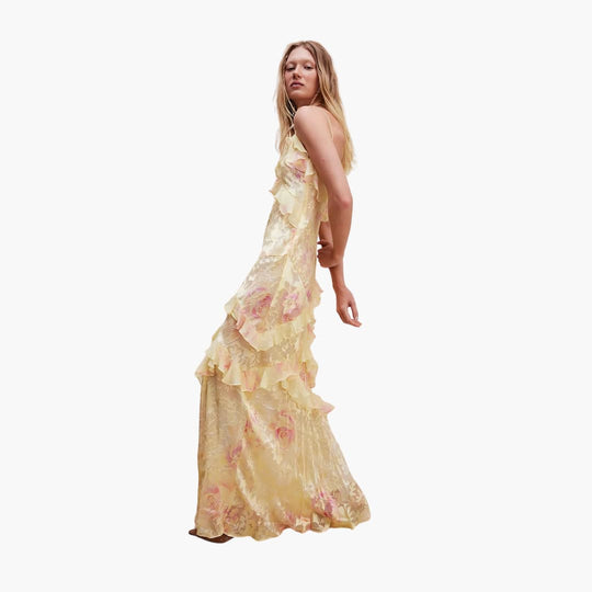 Women Maxi Dress with V-Neck and Ruffle Detail