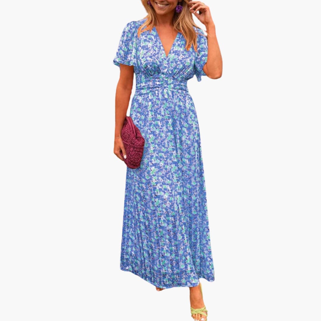Women's Maxi Dress with Gathered Waist and Floral Print