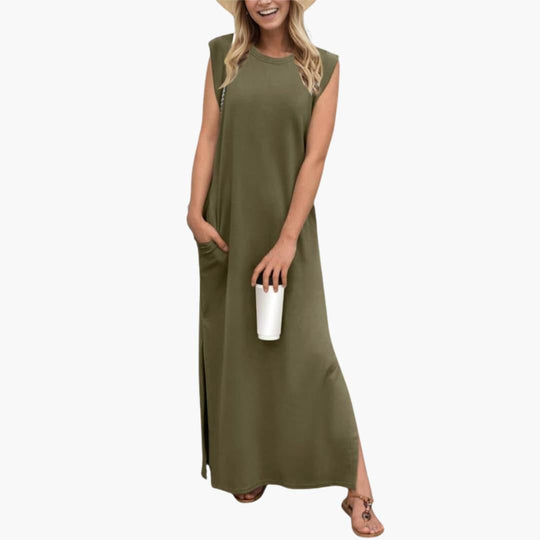 Women's Wrinkle-Free Maxi Dress with Sleeveless Design and Side Slit