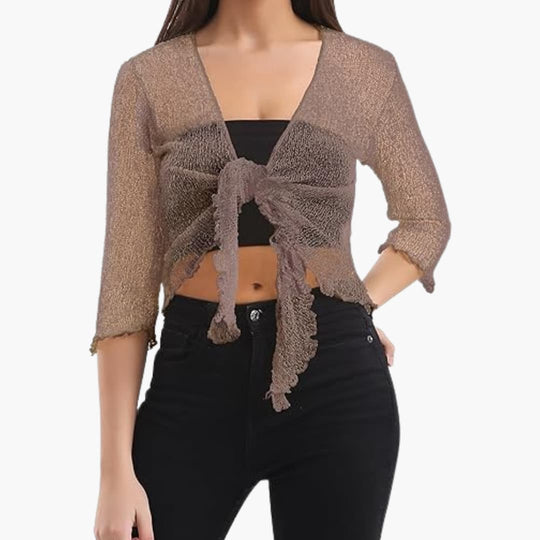 Women's Tie-Up Bolero Top with Sheer Fishnet Knit and Three-Quarter Sleeves