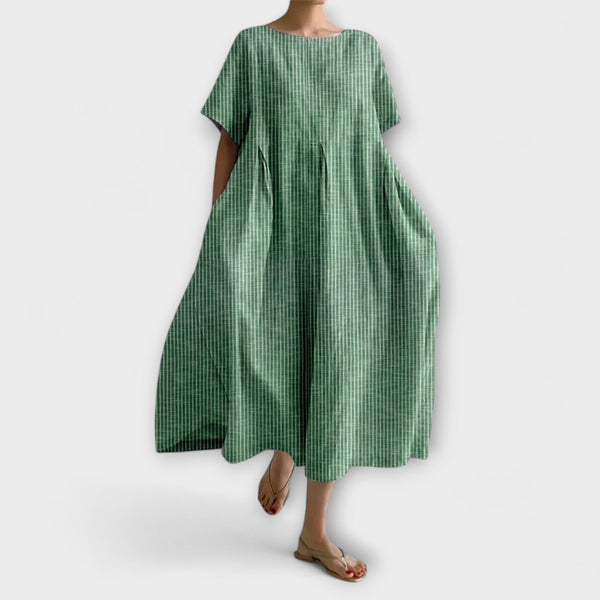 Women's Midi Dress with Pleated Waist and Side Pockets