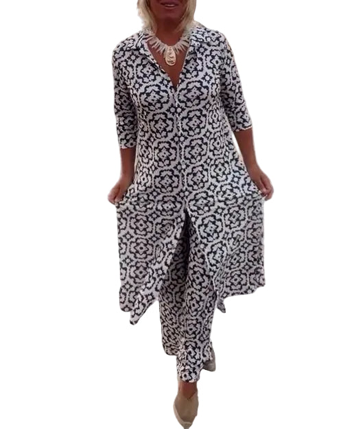 Women's Two-Piece Set with Geometric Design and Relaxed Fit