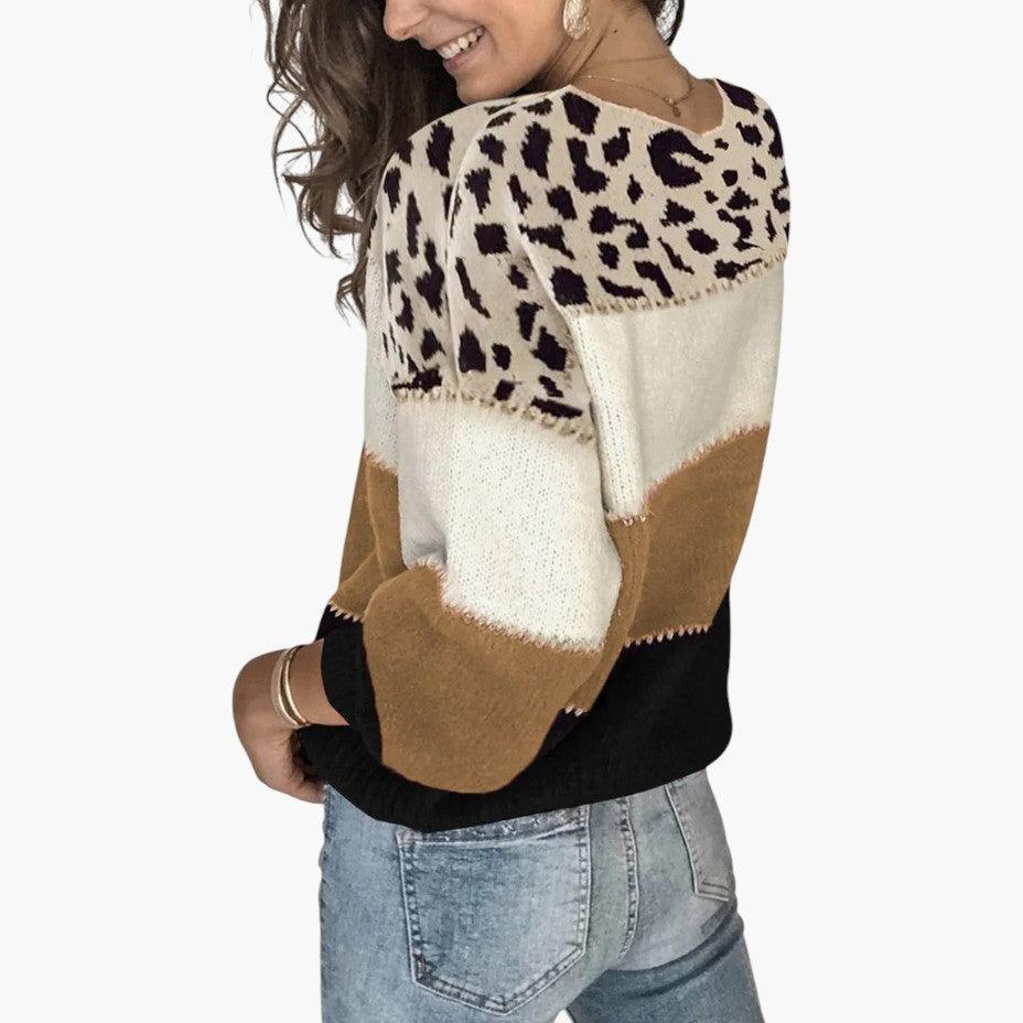 Women's Leopard-Print Jumper with Crew Neck and Long Sleeves