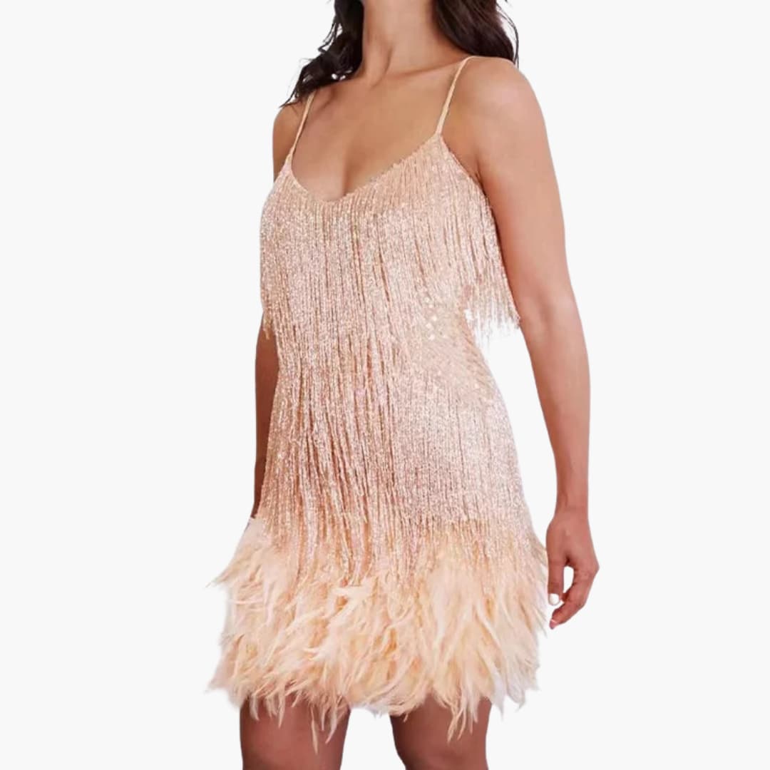Women’s mini dress with spaghetti straps and fringe detailing