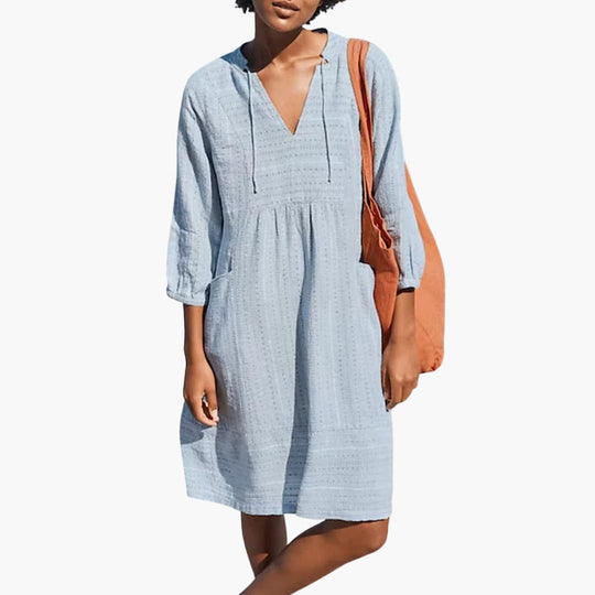 Women's Shirt Dress with Tie Neck and Side Pockets