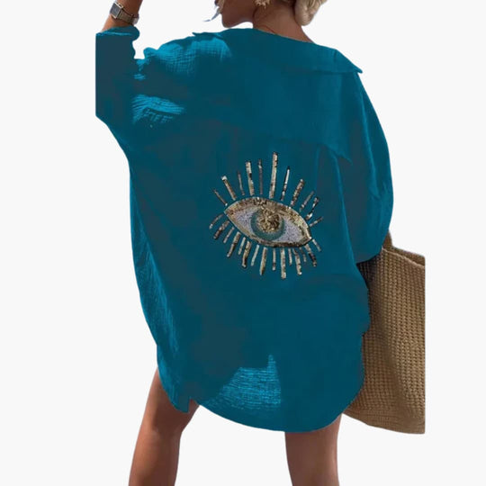 Women’s Oversized Beach Shirt with Collar and Embroidery