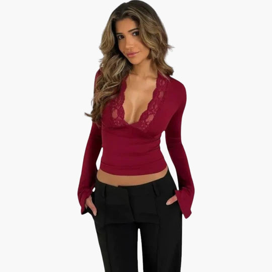 Women's Lace Flare Top with V-Neckline and Semi-Cropped Hem
