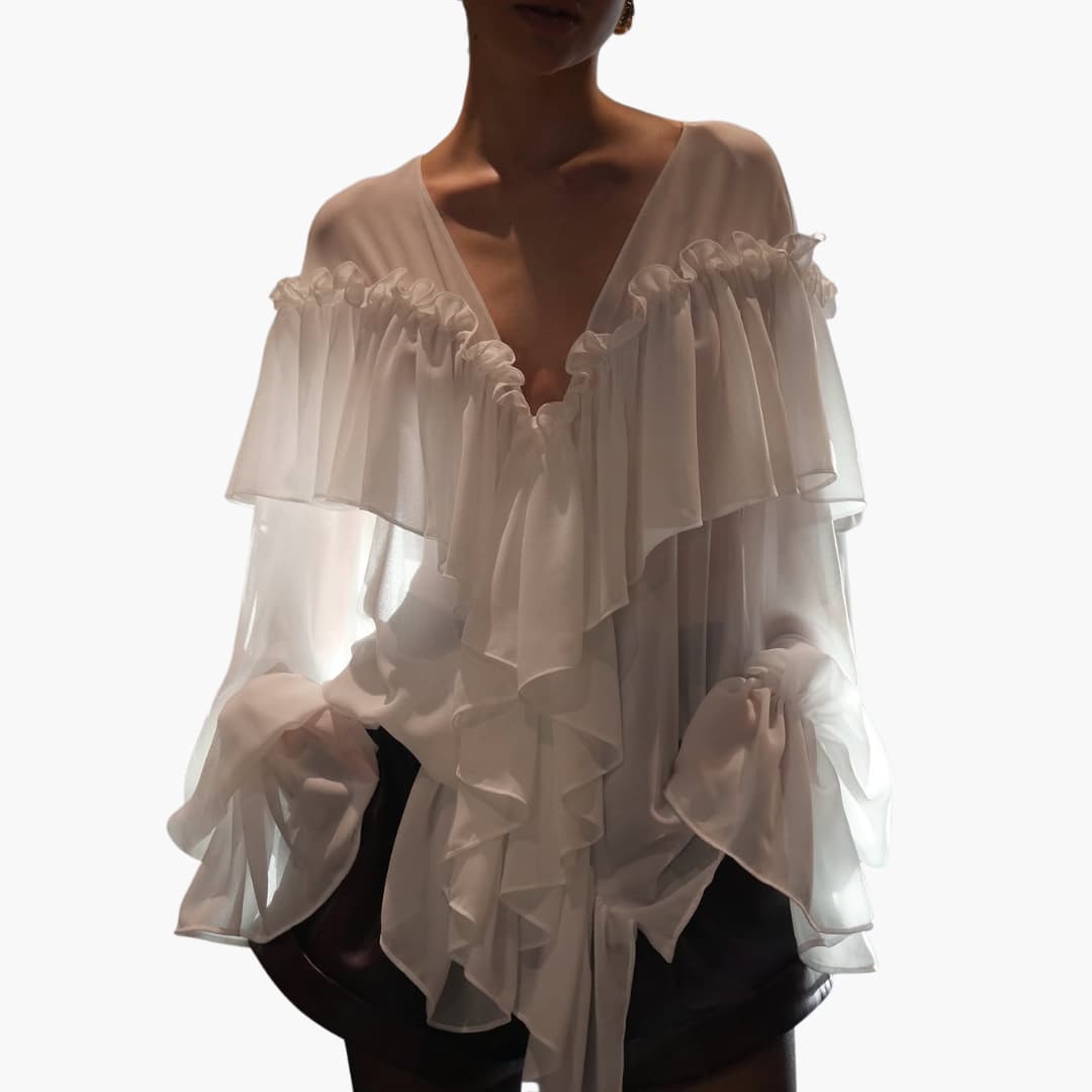 Women’s Long-Sleeve Blouse with V-Neck and Ruffles