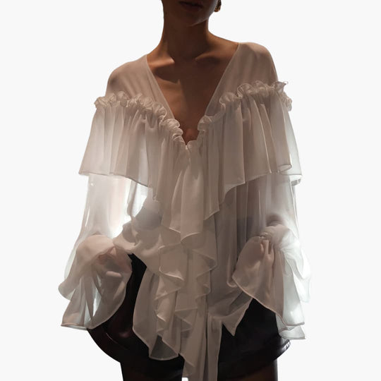 Women’s Long-Sleeve Blouse with V-Neck and Ruffles