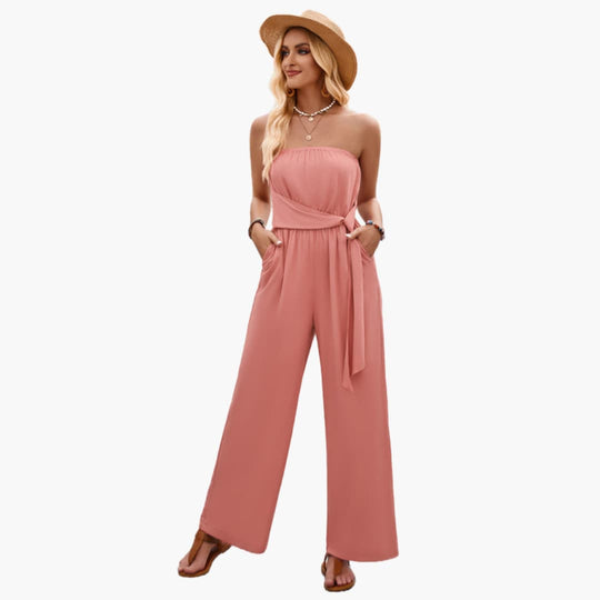 Women’s Strapless Jumpsuit with Waist Tie and Wide Legs