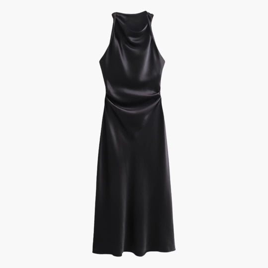 Women’s Satin Cowl Neck Midi Dress with Ruched Waist
