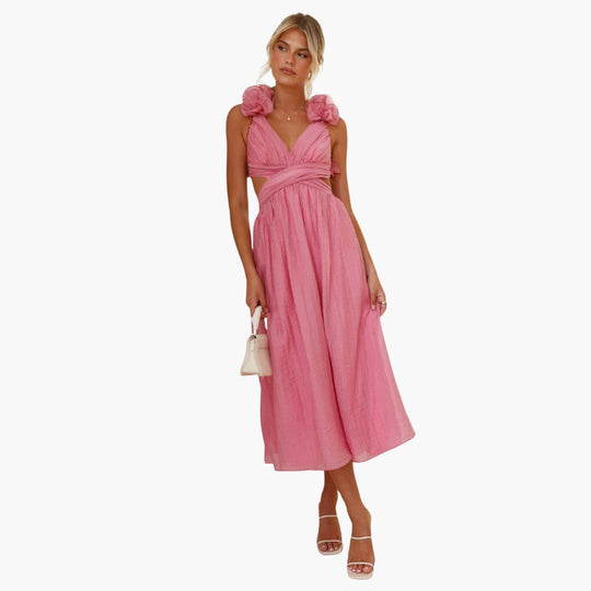 Women's Summer Dress with Ruffle Shoulders and Tie-Back