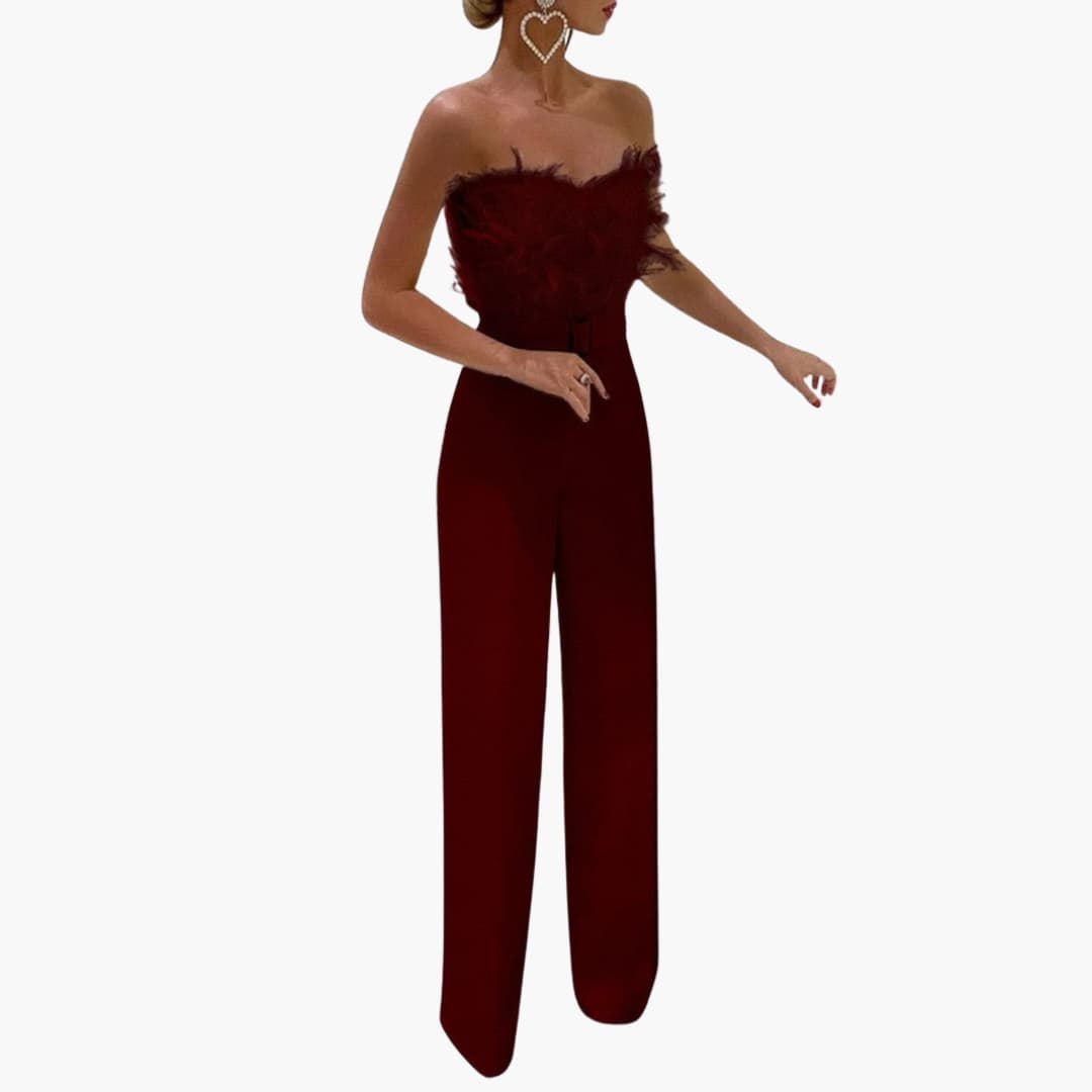 Women’s Strapless Jumpsuit with Feather Top and Wide Legs