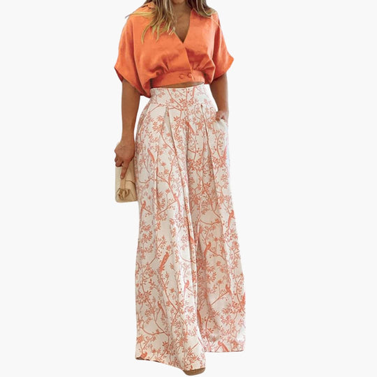 Women’s two-piece set with puff sleeve top and palazzo trousers