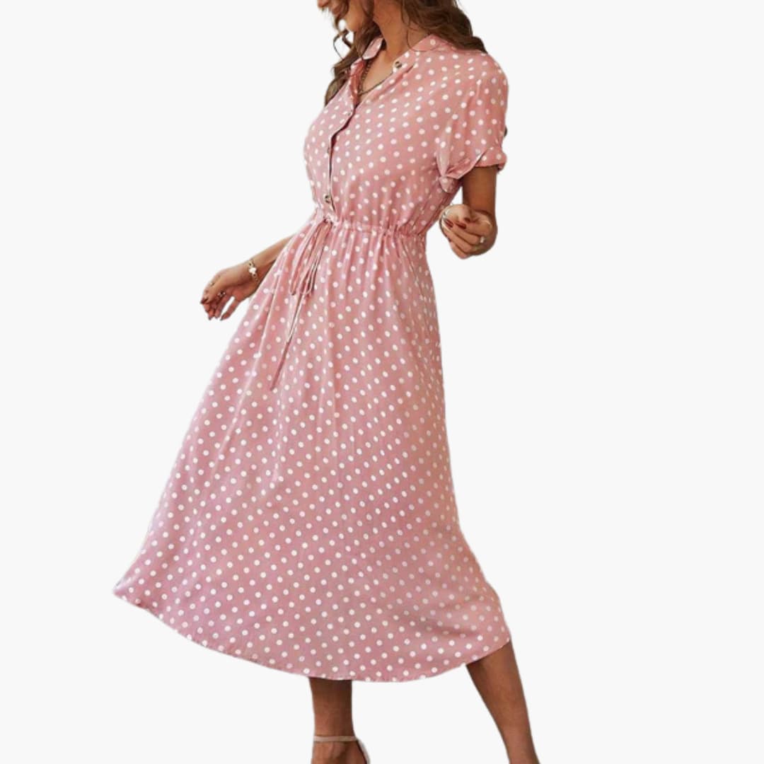 Women’s Midi Dress with Button-Through Front and Drawstring Waist