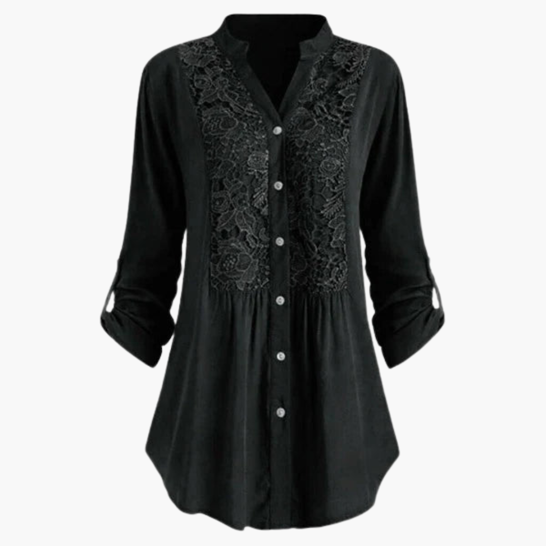 Women’s Long Blouse with Puff Sleeves and Lace Detail