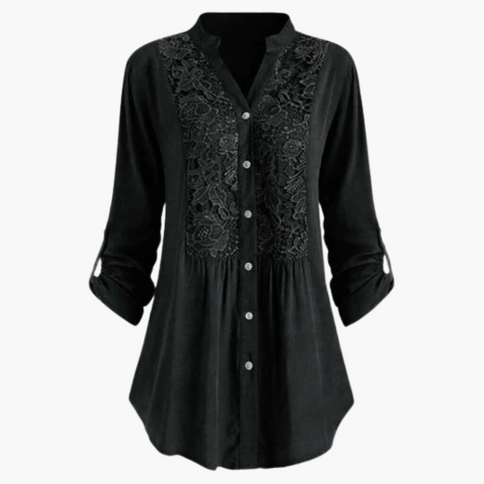 Women’s Long Blouse with Puff Sleeves and Lace Detail