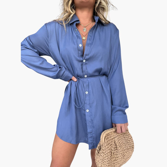 Women’s Romper Dress with Collared Neck and Drawstring Waist
