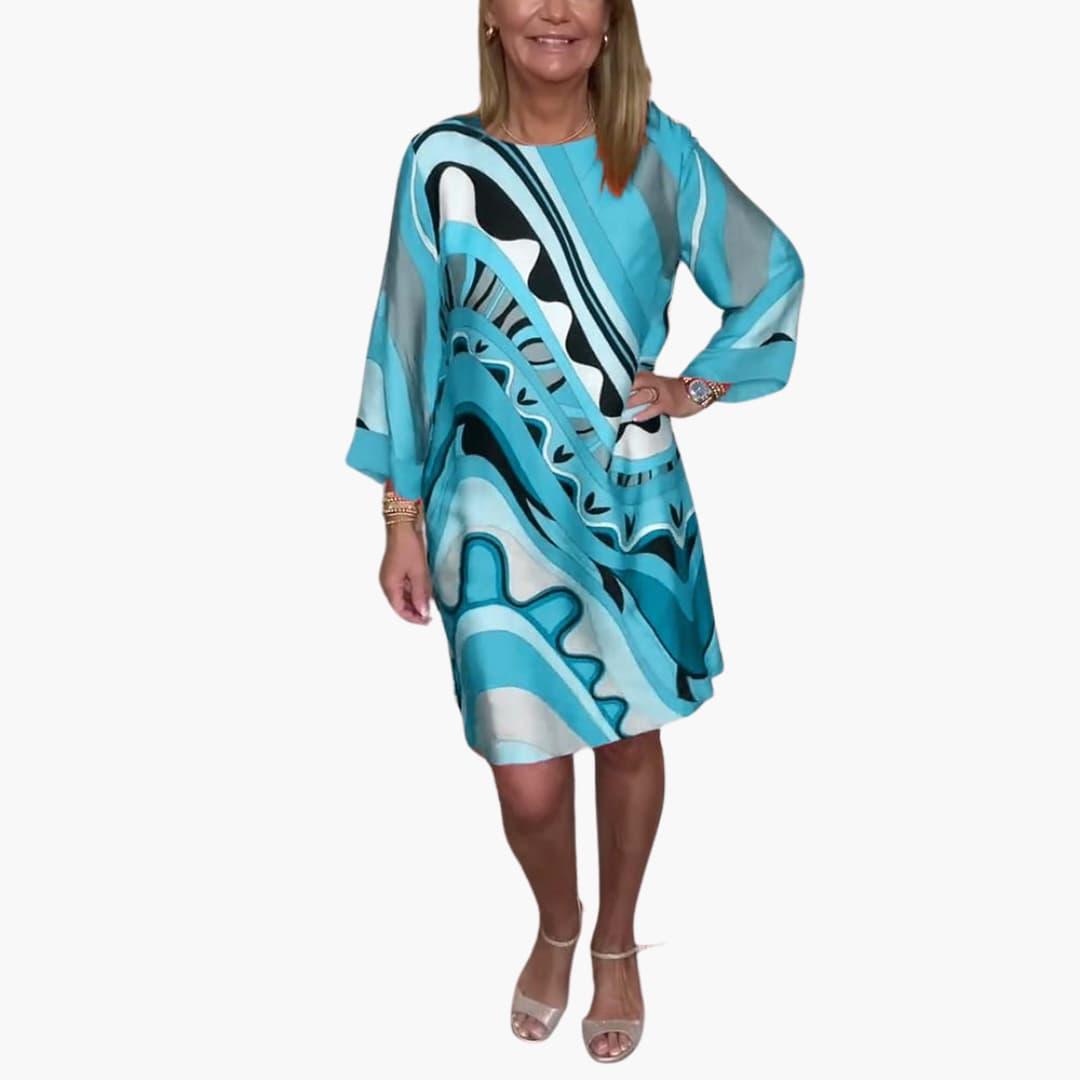 Women's Printed Midi Dress with Bell Sleeves and V-Neck