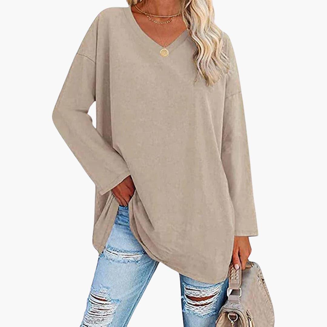 Women's V-Neck Blouse with Long Sleeves and Relaxed Fit