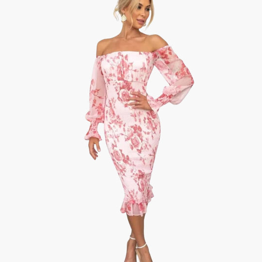 Women's Floral Midi Dress with Off-the-Shoulder Neckline and Sheer Sleeves