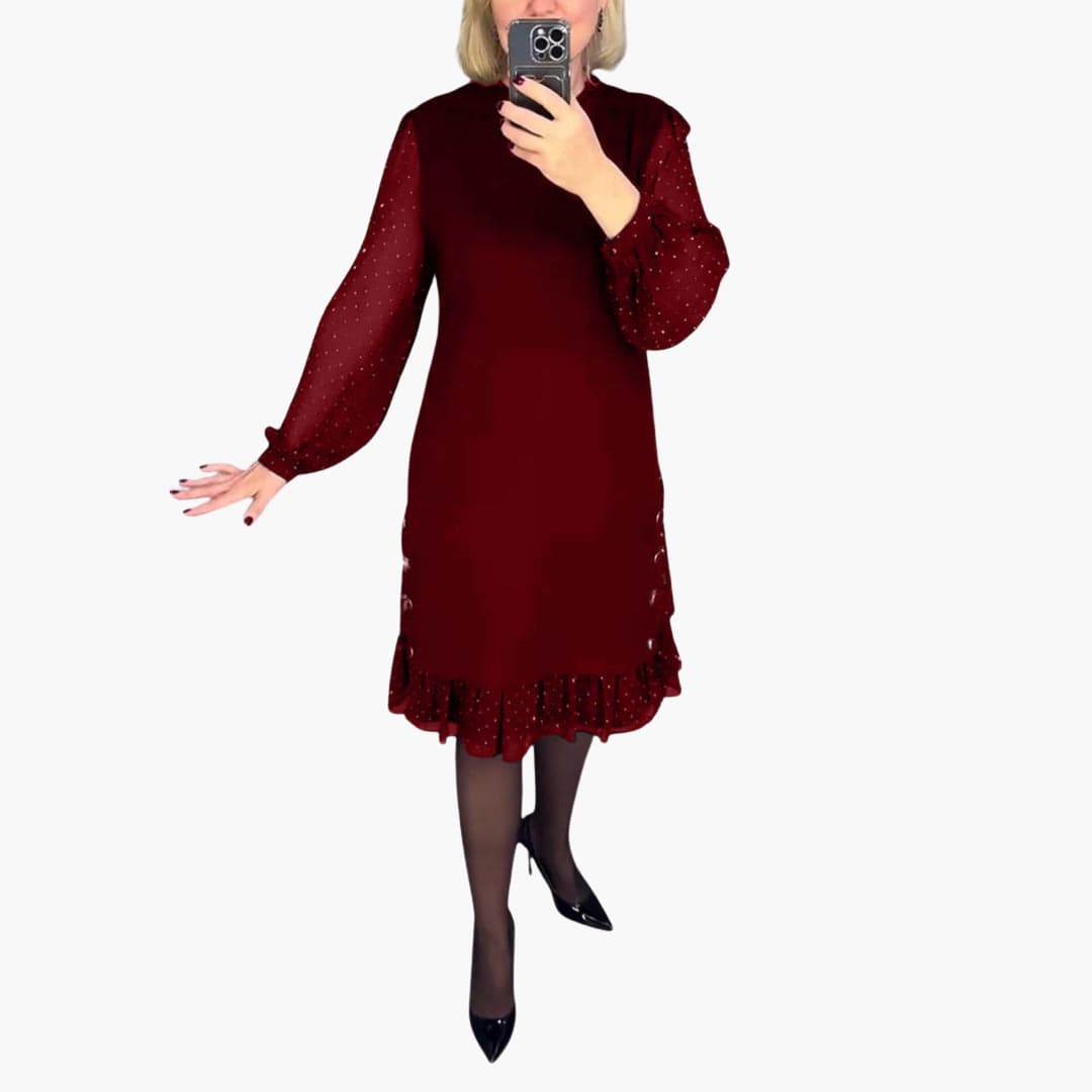 Women's Knee-Length Dress with Sheer Sleeves and Ruffle Hem