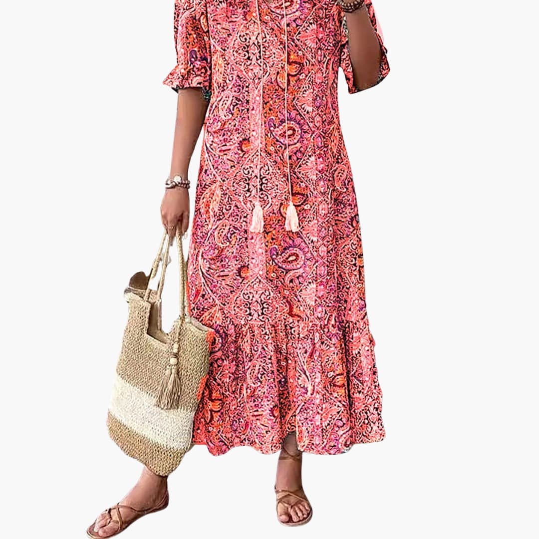 Women's Boho Midi Dress with Half Sleeves and Paisley Print
