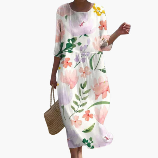 Women's Midi Dress with Round Neck and Three-Quarter Sleeves