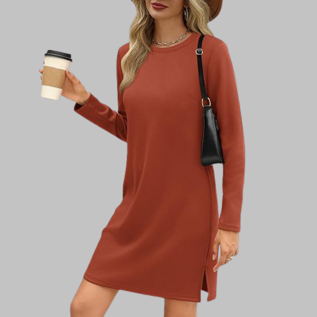 Women's Casual Mini Dress with Long Sleeves and Round Neck