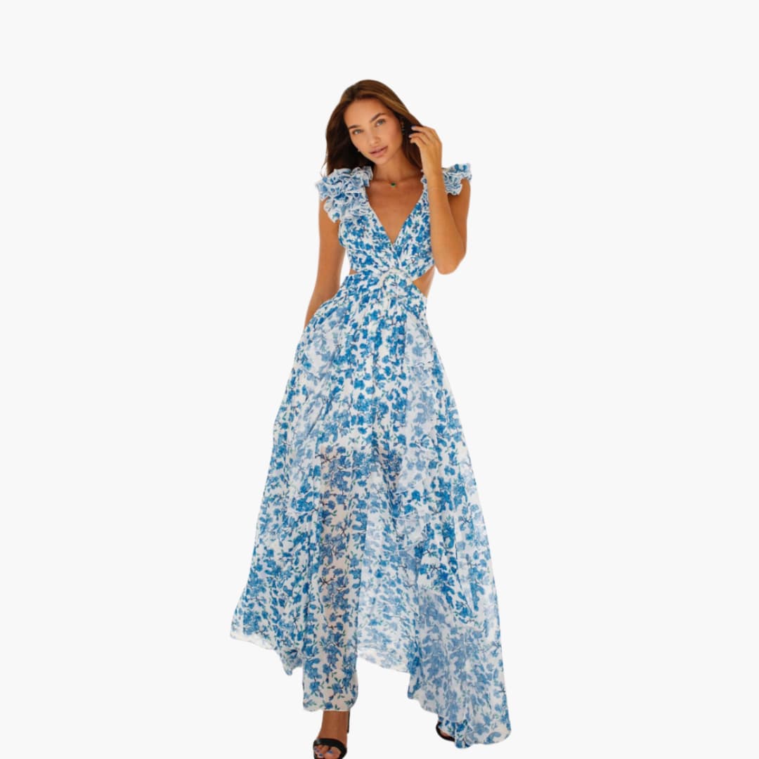 Women Maxi Dress with V-Neck and Open-Back Design