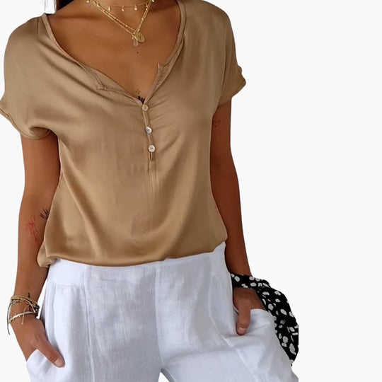 Women’s Short-Sleeve Top with V-Neck and Buttons