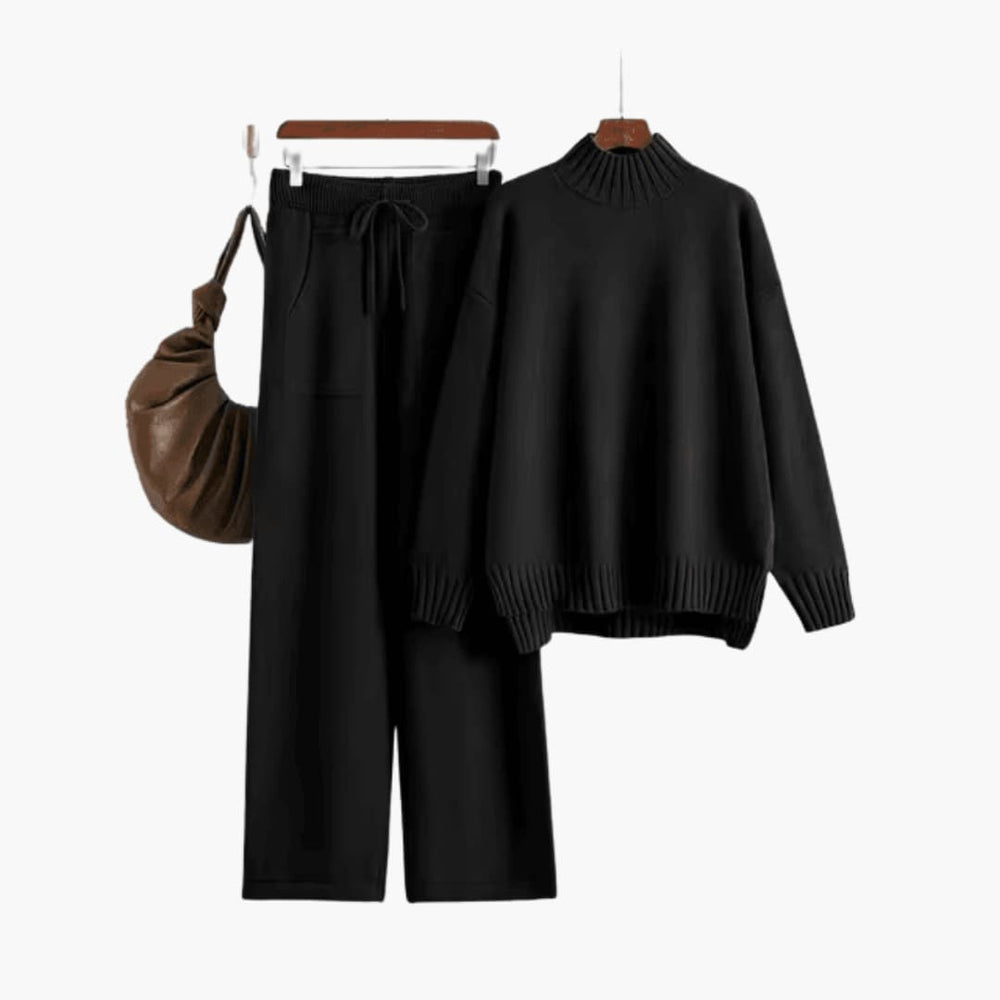 Women's Turtleneck Jumper Set with Relaxed Fit and Wide-Leg Trousers