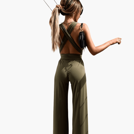 Women's V-Neck Jumpsuit with Wide-Leg Cut and Belt Tie at Waist
