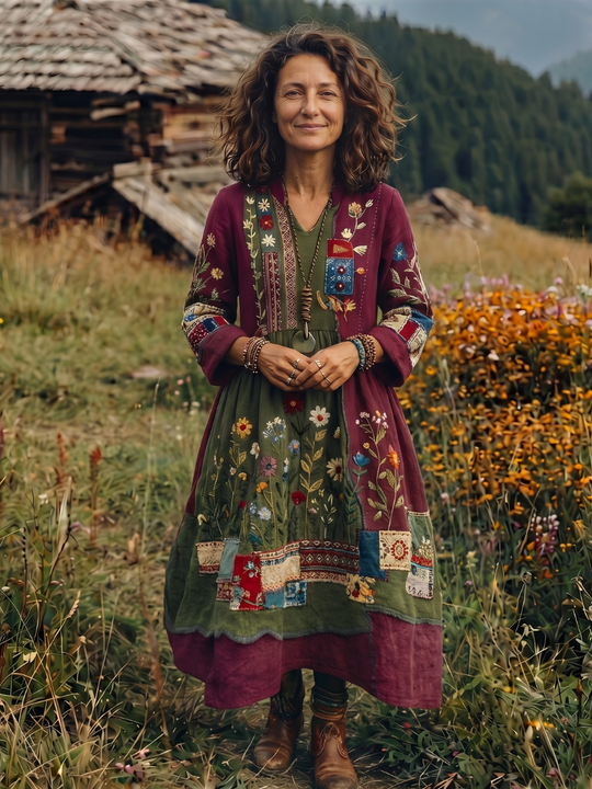 Alix | Embroidered Panel Long Sleeve Midi Dress